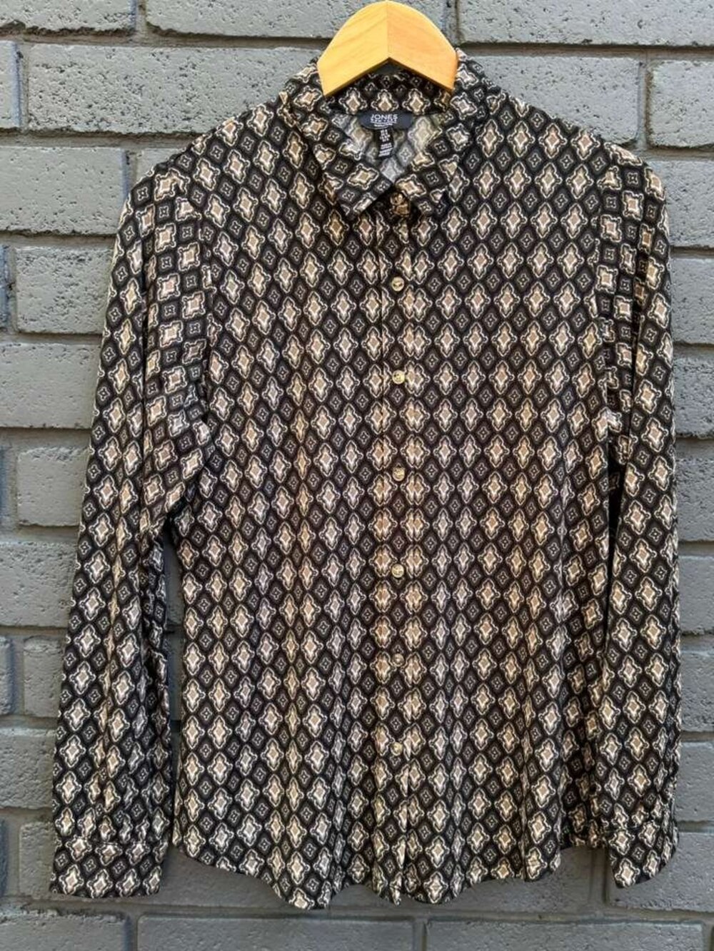 Jones New York Stretch Classic Diamond Geo Print Button Up Blouse Cottage Office